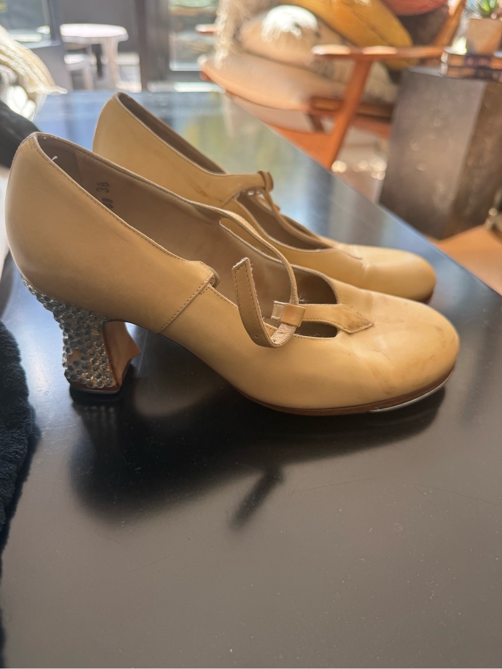 Women's Cream T-Strap Mid Heel Dress Shoe - Picture 4 of 7